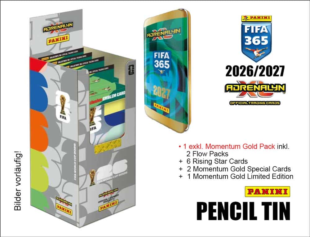 Panini FIFA 365 2026/27 Adrenalyn XL – Pencil Tin, display med fyra burkar
